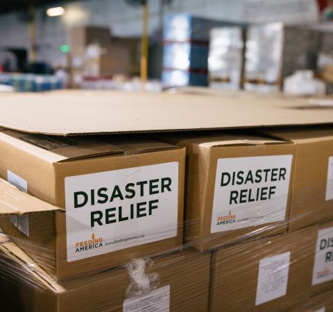 A pallet of disaster relief boxes in a warehouse.